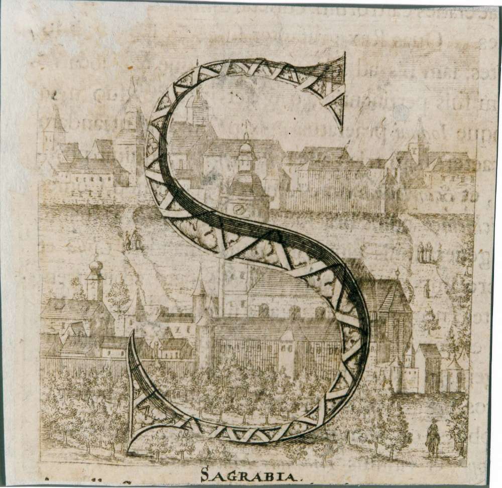 Inicijal "S" s prikazom Gradeca i Kaptola, bakropis Pavla 
Rittera Vitezovića, 1689