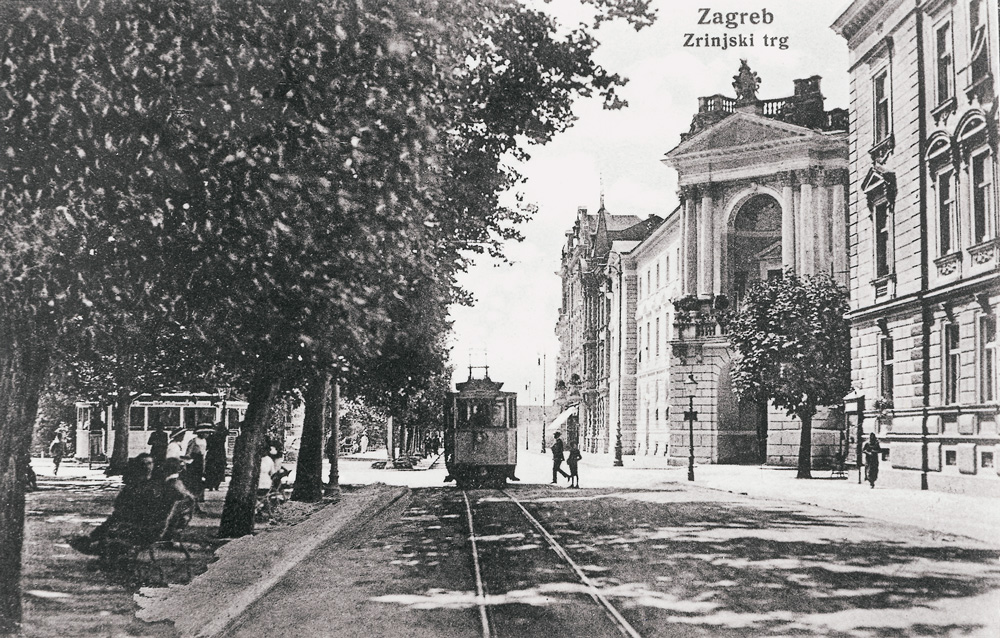 Električni tramvaj na Zrinjevcu i duž Boškovićeve i Kukovićeve (Hebrangove),
1920-ih; desno u drugom planu palača Ljudevita Vranyczany-Dobrinovića