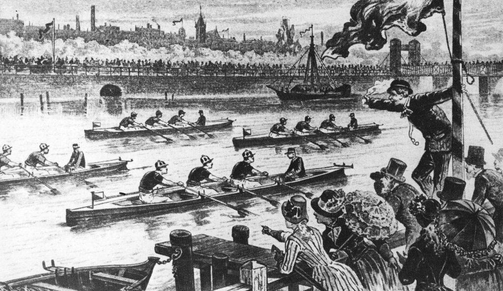 Crtež veslanja na Temzi kod Londona:objavljen u knjizi "Slike iz općega zemljopisa" prof. dr Ivana Huića 1890.