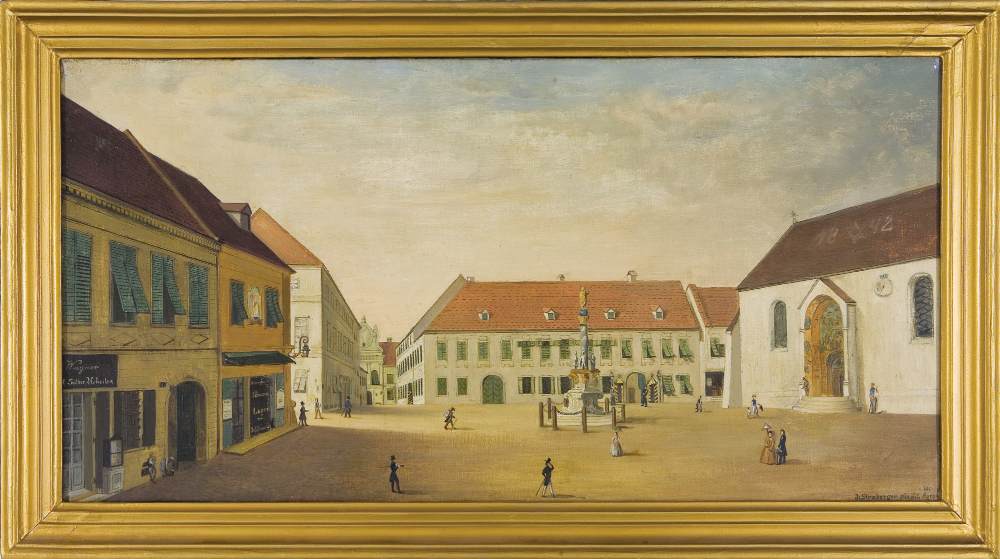 Markov trg sa spomenikom Bezgrešne Djevice Marije iz
1740. Detalj sa slike iz 1846.