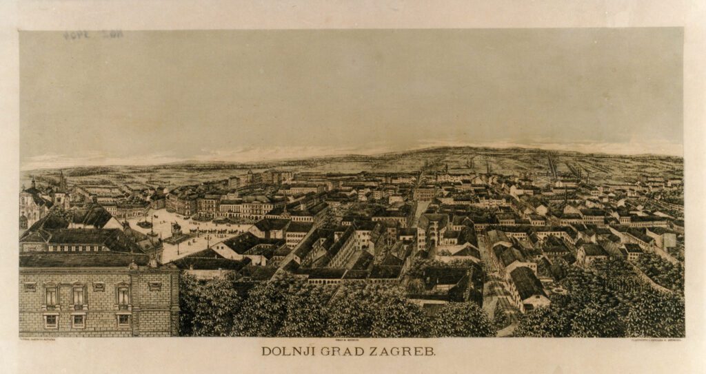 Panorama Donjega grada, pogled s Lotrščaka,
M. Methudi, litografija, 1886.