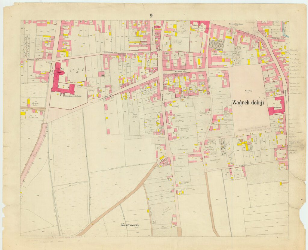 Prvi katastarski plan Donjega grada, 1862.-1864., kolorirana litografija, list 9